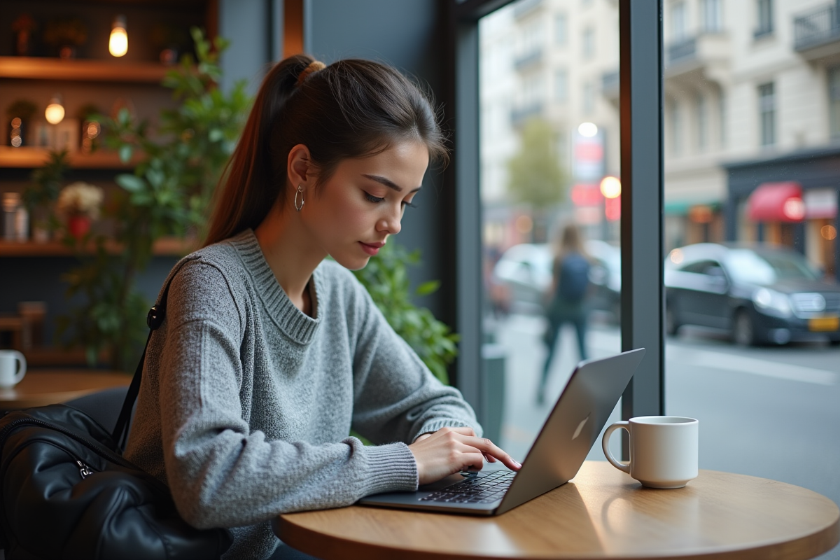 Jeune femme utilisant une tablette pour protéger un PDF au café