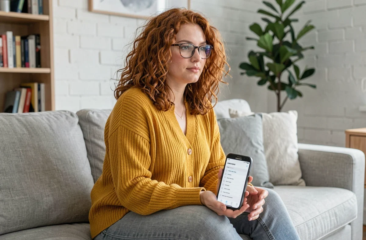 Jeune femme gérant le presse-papier de son Samsung depuis son canapé à la maison pour copier-coller efficacement