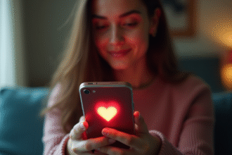 Jeune femme tenant un smartphone avec un cœur rouge lumineux