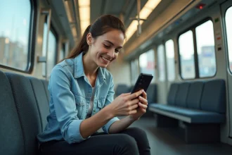 Jeune femme dans le train regardant son smartphone