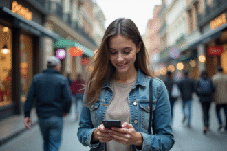 Jeune femme souriante avec smartphone dans la ville