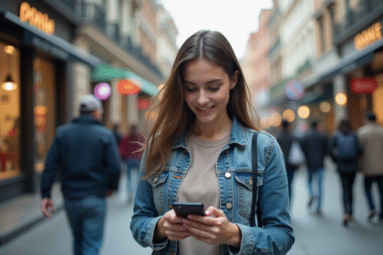 Jeune femme souriante avec smartphone dans la ville