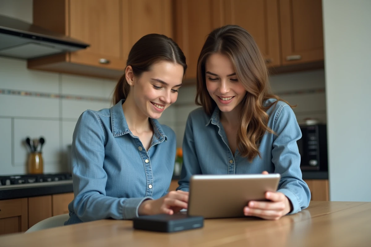 Jeune femme utilisant une tablette dans une cuisine chaleureuse