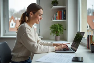 Jeune femme souriante travaillant sur son laptop à Strasbourg