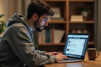 Jeune homme consultant des archives de forum sur un ordinateur portable dans un bureau à domicile