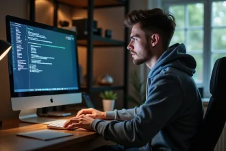 Jeune homme concentré devant un écran bios dans un bureau moderne