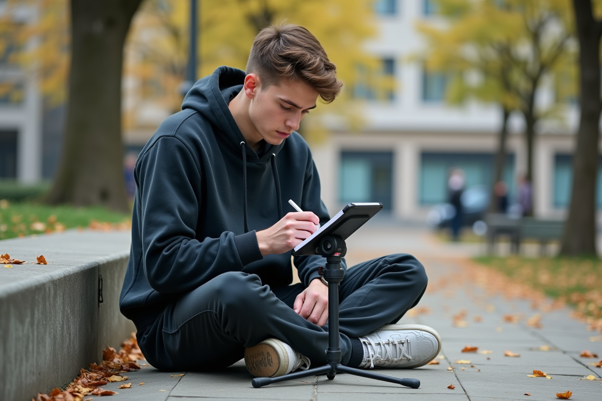 Jeune homme en extérieur note ses idées avec son smartphone