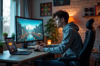 Jeune homme concentré sur son ordinateur gaming dans un bureau moderne