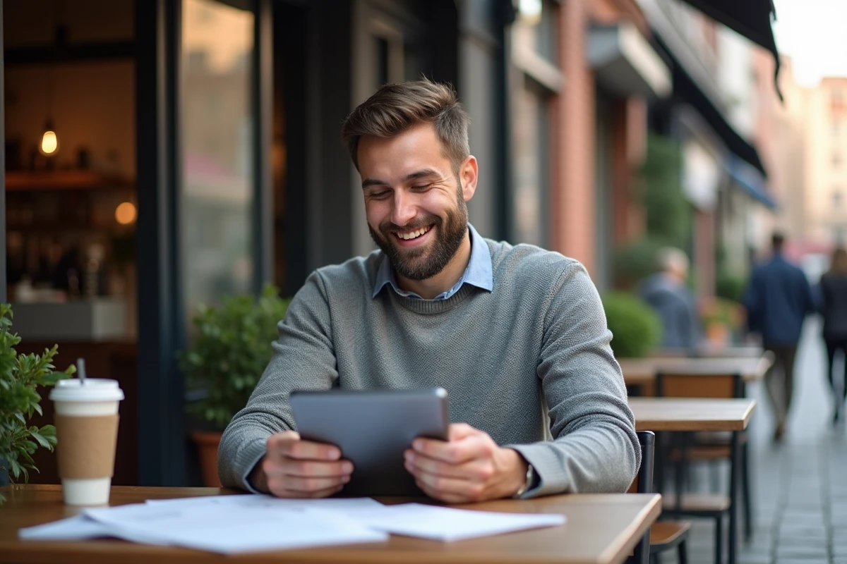 Jeune homme lisant une tablette dans un café en ville