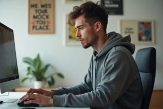 Jeune homme concentré sur son ordinateur dans un bureau lumineux