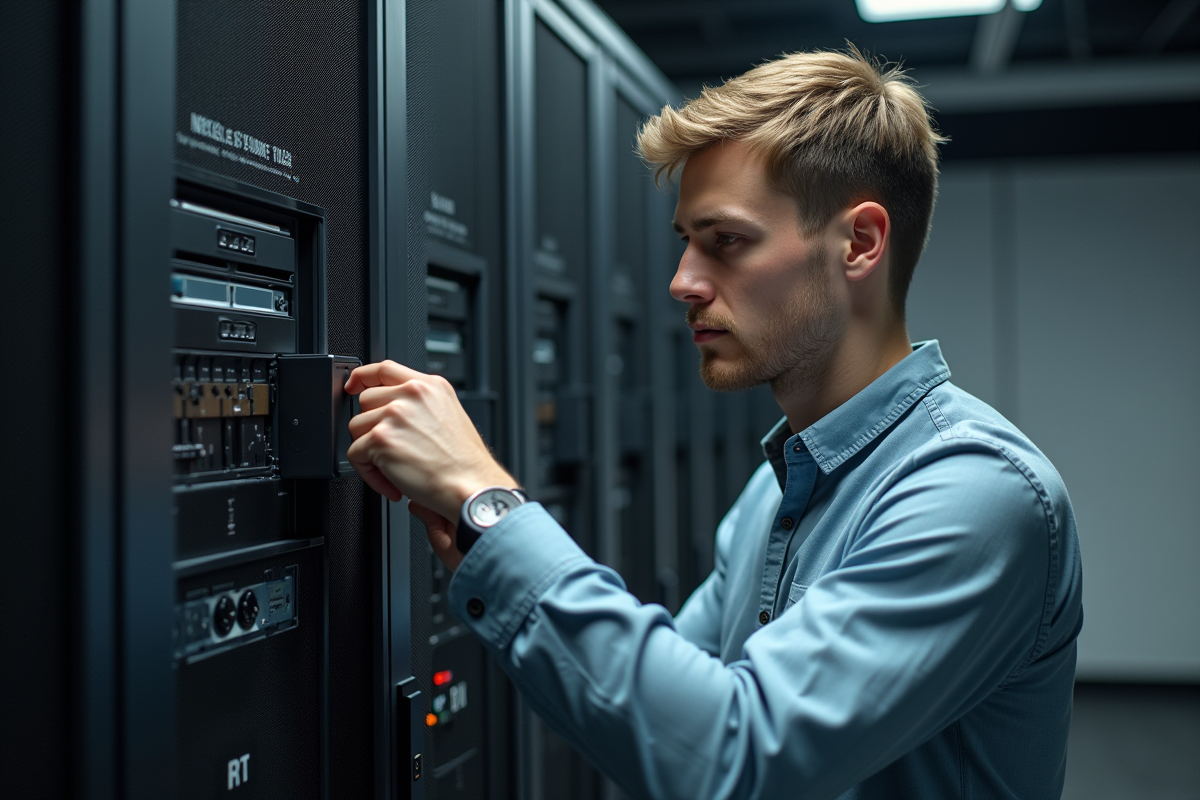 Jeune homme connectant une bande de sauvegarde au serveur