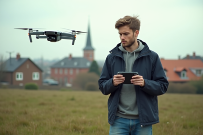 Jeune homme avec drone dans un champ suburbain matin