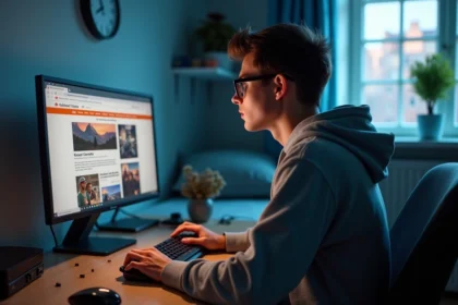 Jeune homme concentré devant son ordinateur dans une chambre moderne