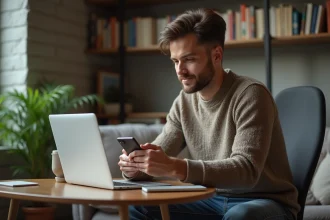Jeune homme assis au salon avec ordinateur et téléphone