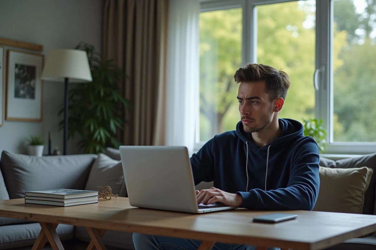 Jeune homme en hoodie regardant un écran d'ordinateur à la maison