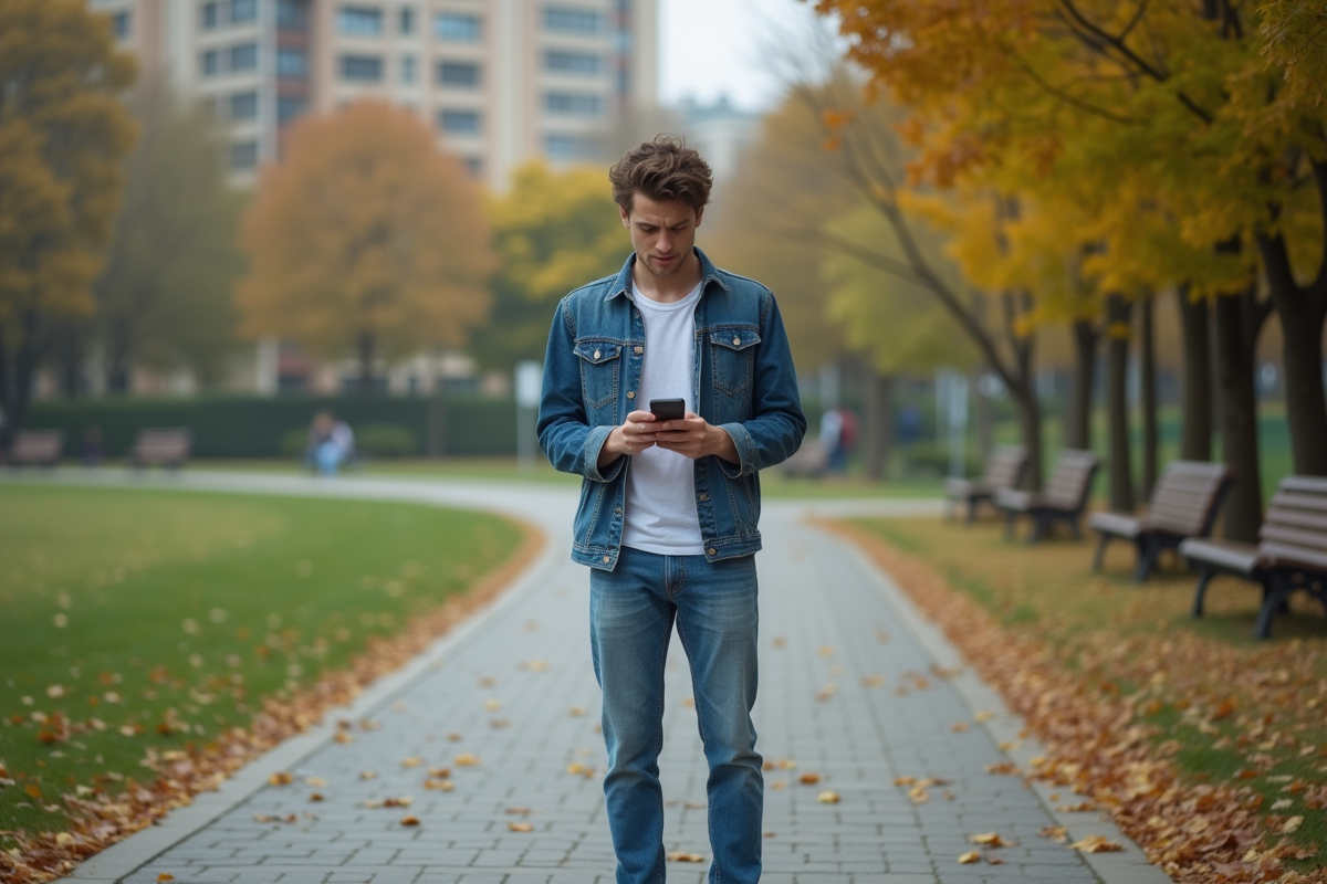 Jeune homme dans un parc urbain regardant son téléphone