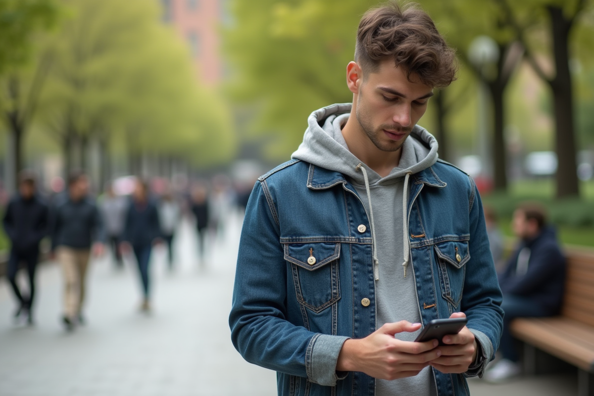 Jeune homme concentré utilisant son téléphone dans un parc urbain