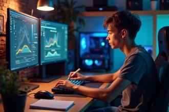 Jeune homme étudiant des composants PC dans un bureau moderne