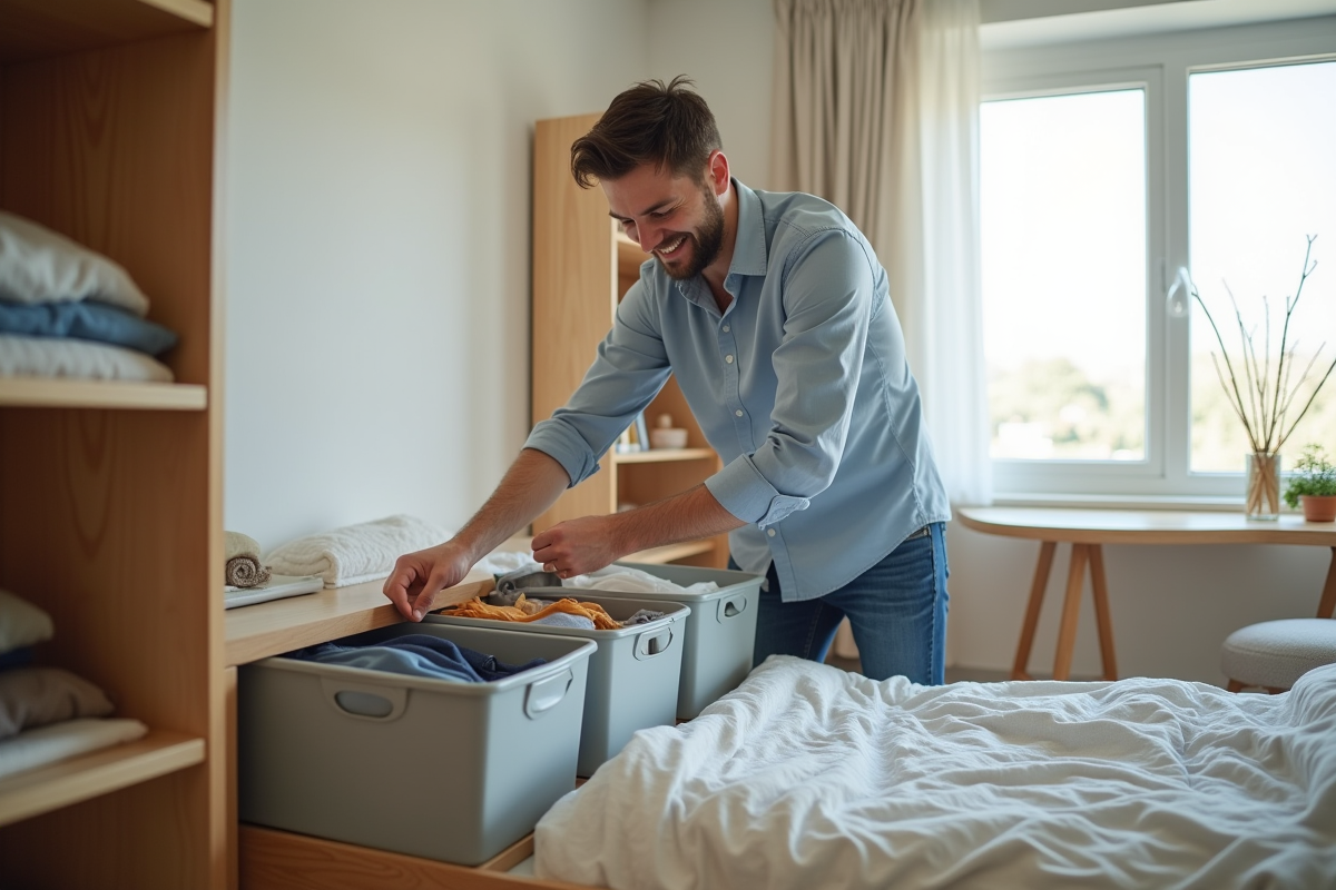 Jeune homme plie des vêtements dans une chambre lumineuse