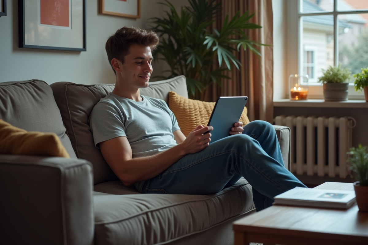 Jeune homme regardant un podcast sur une tablette dans le salon