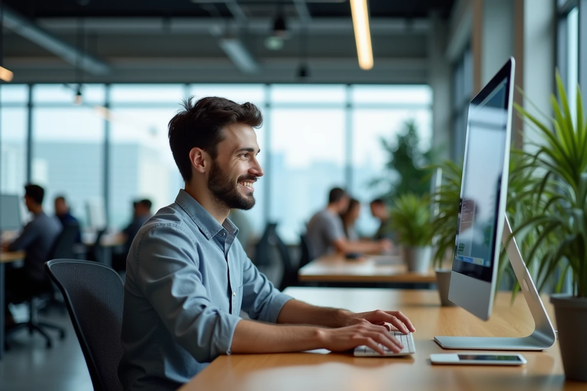 Jeune homme satisfait vérifiant son email sur un ordinateur au bureau