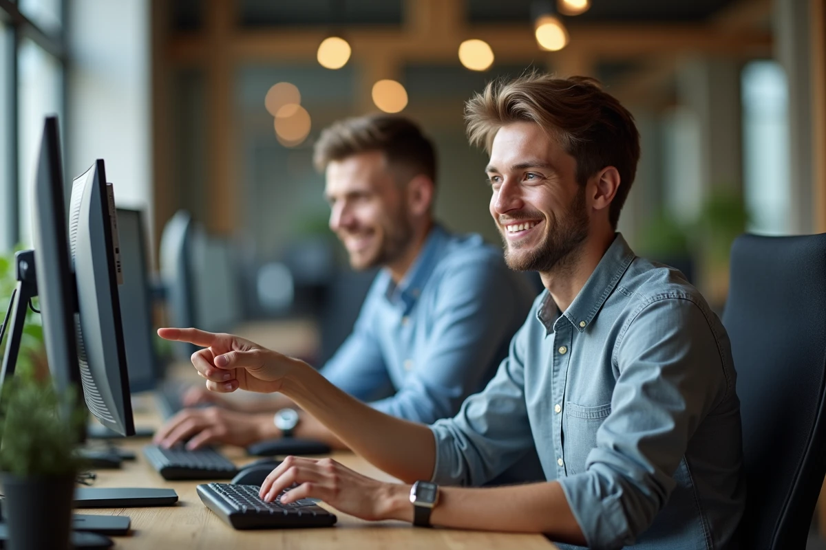 Jeune homme partageant des astuces avec un collègue au bureau