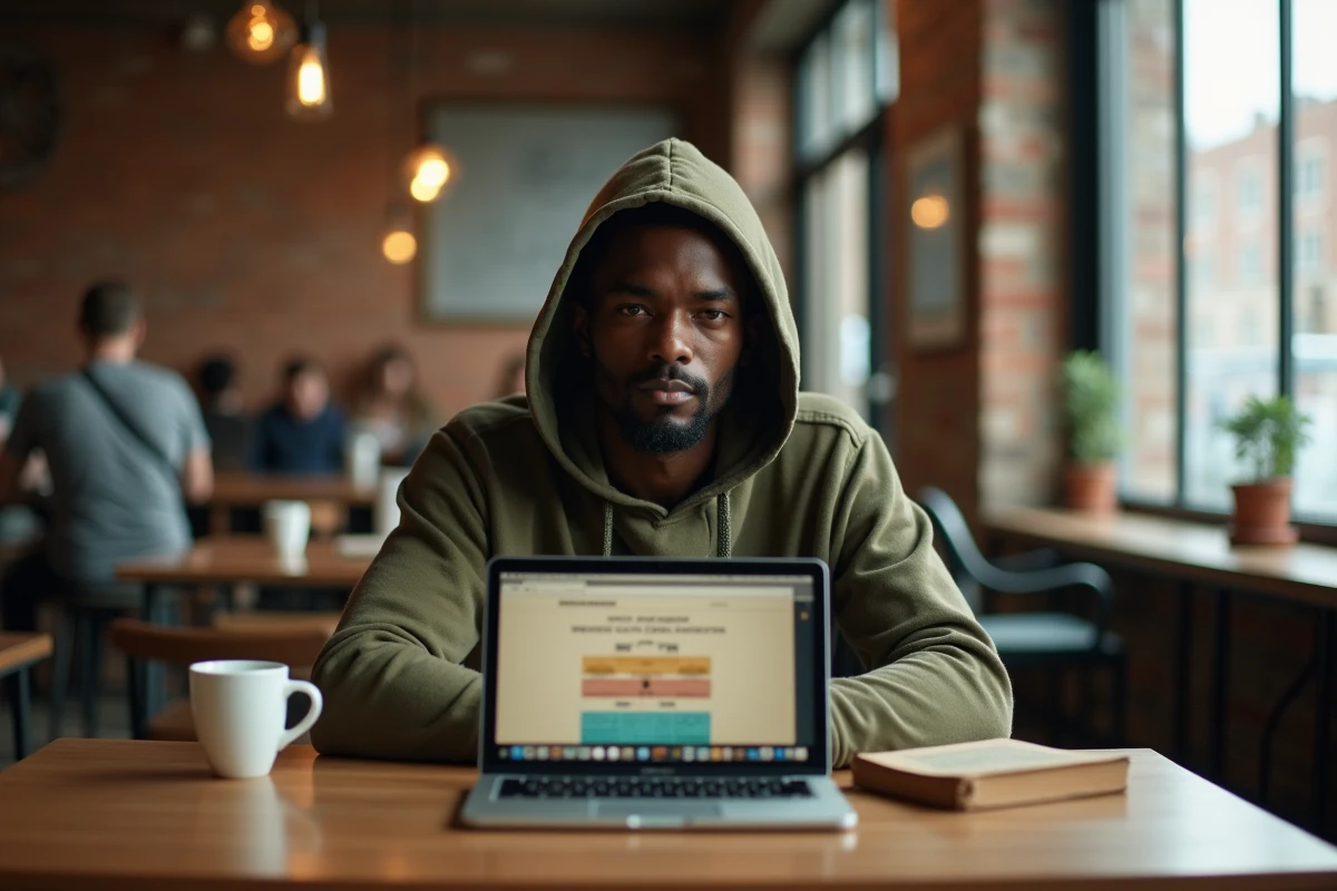 Jeune homme consultant un schéma explicatif sur internet et le web dans un café avec ordinateur portable ouvert