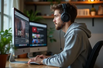 Jeune homme concentré devant son ordinateur regardant YouTube