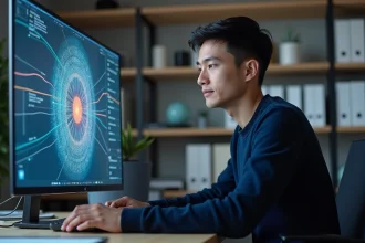 Jeune informaticien en interaction avec un modèle 3D neural