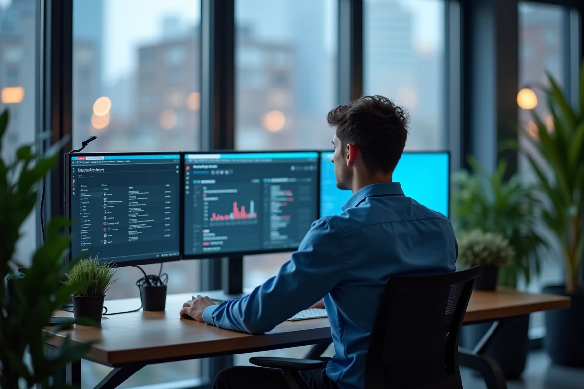Jeune manager informatique analysant un tableau de bord réseau
