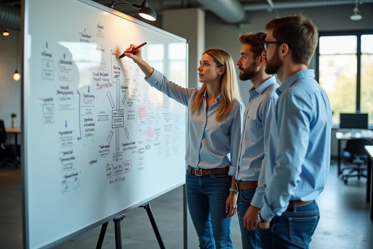 Groupe de jeunes professionnels discutant autour d