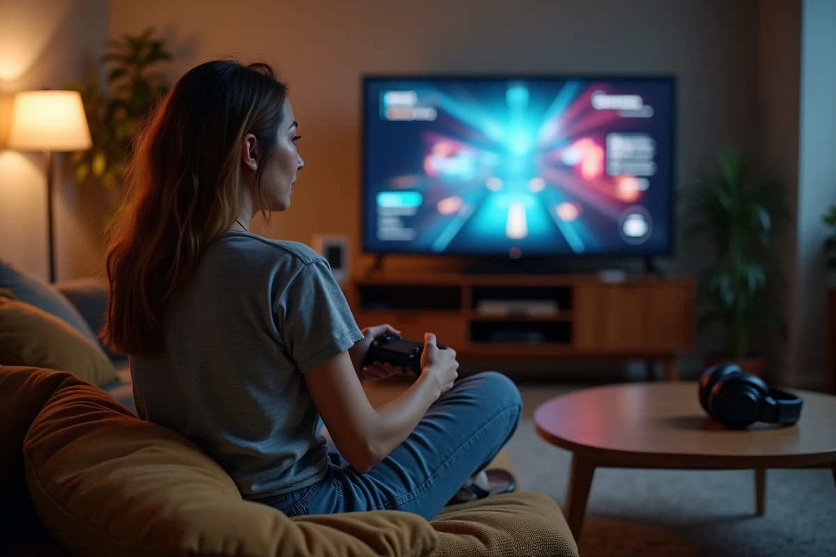Jeune femme jouant à la console dans son salon, illustrant l'expérience utilisateur au cœur de la stratégie de la Next Xbox face à la PS6