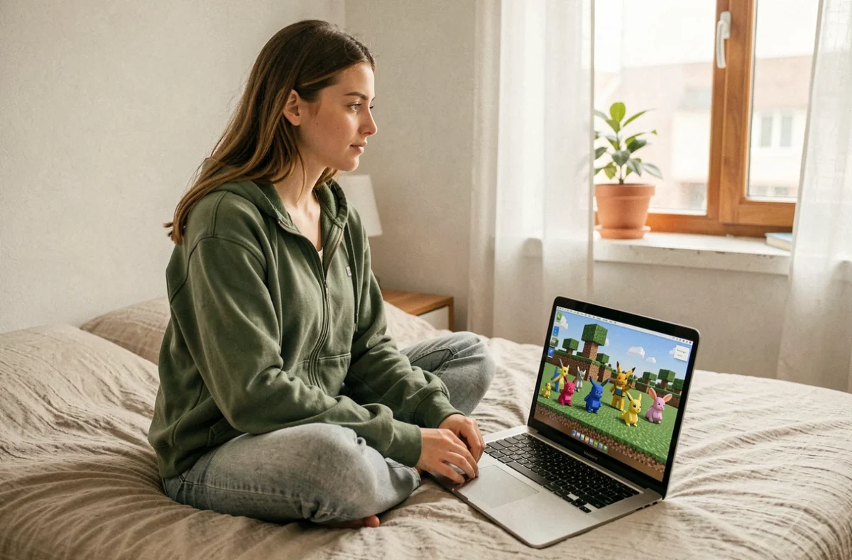 Jeune femme jouant à Minecraft avec un mod Pokémon installé sur son ordinateur portable dans sa chambre
