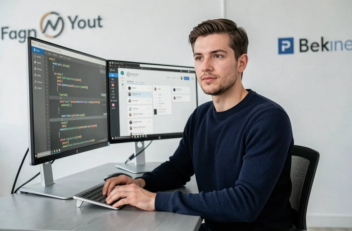 Développeur web de l'agence Koredge concentré devant un double écran affichant du code React dans un bureau minimaliste moderne