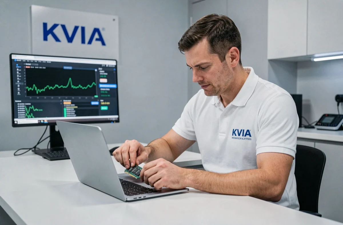 Technicien KVIA installant un nouveau SSD dans un ordinateur portable dans un centre de réparation moderne
