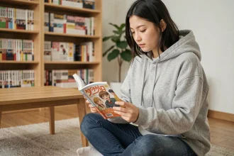 Jeune femme lisant un manga en version papier dans un salon minimaliste, comparaison entre lecture numérique et physique de scantrad