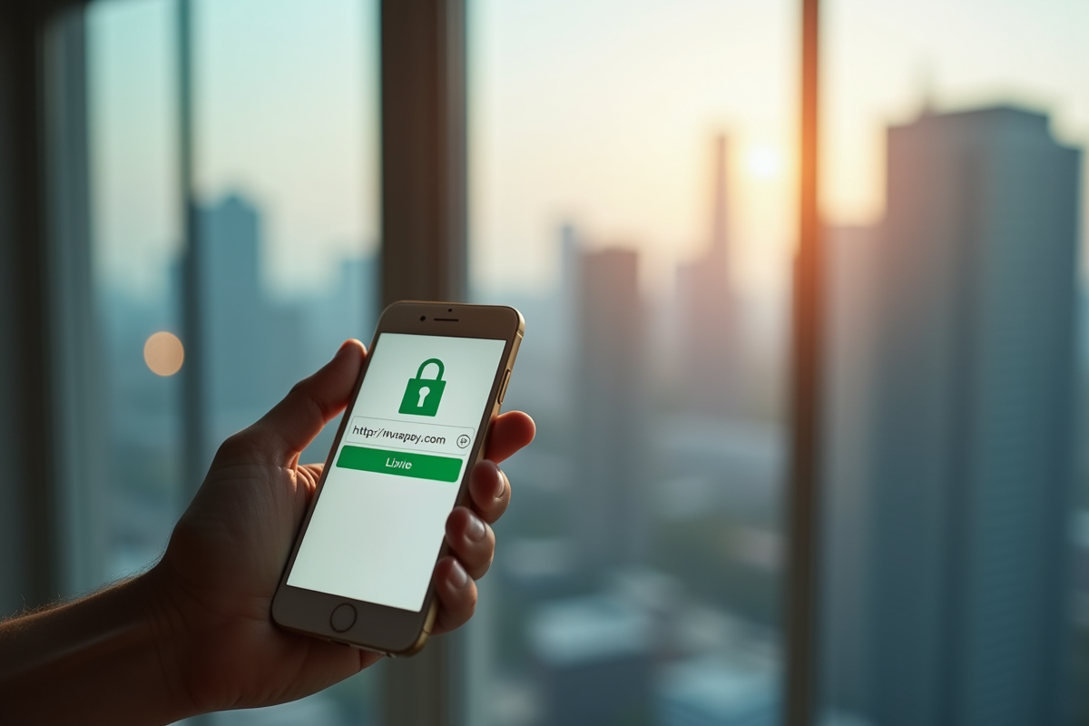 Main tenant un smartphone affichant un site sécurisé avec cadenas vert