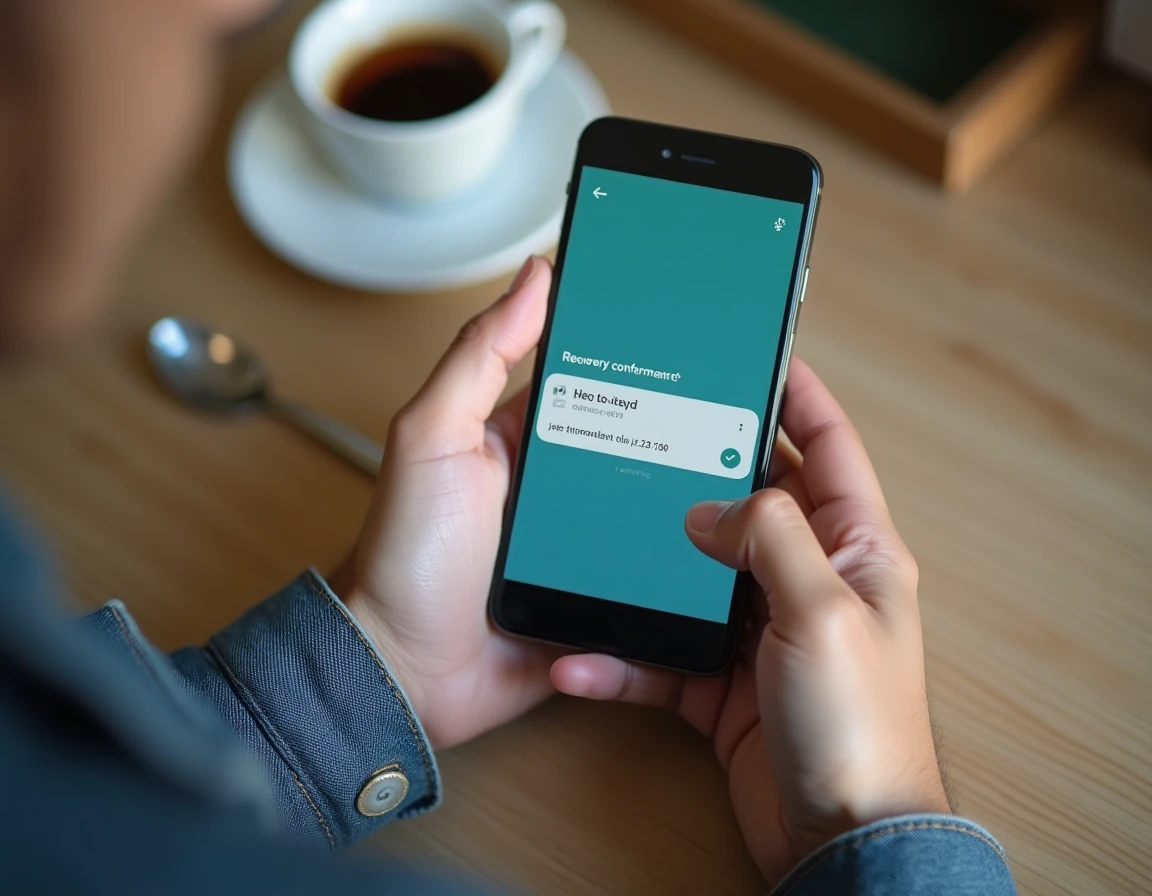 Mains tenant un smartphone affichant des messages restaurés après récupération sur une application de récupération de données