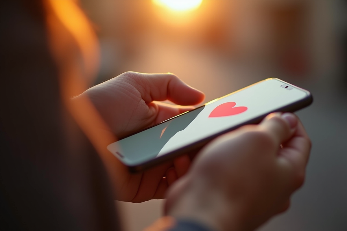 Mains utilisant un smartphone avec un cœur rouge à l