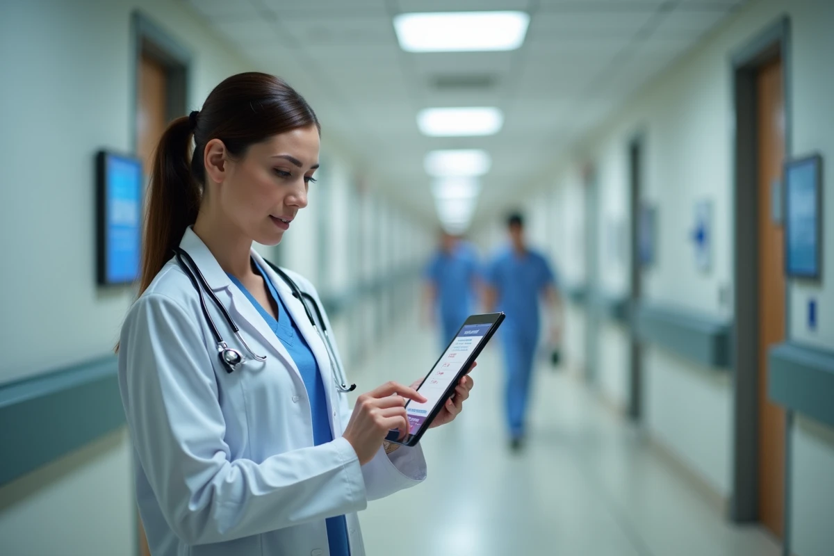 Une médecin de l'AP-HP se connecte au portail de messagerie institutionnel sur une tablette dans un couloir d'hôpital