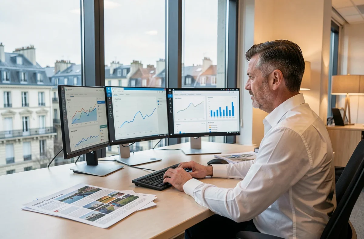 Chef de projet de l'agence Mediacom analysant des tableaux de bord analytics dans un bureau avec vue sur une ville française et des rapports imprimés sur le bureau