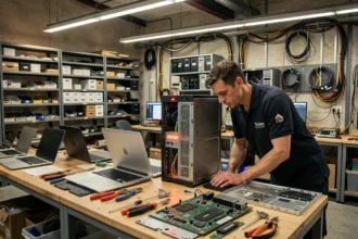 Atelier de réparation informatique en Normandie avec des techniciens travaillant sur des ordinateurs