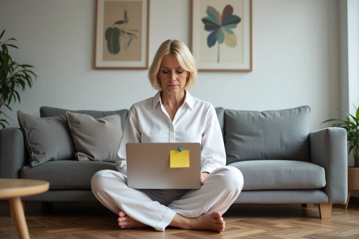 Femme travaillant depuis son salon en se connectant à Melanie2web pour accéder à sa messagerie professionnelle en télétravail