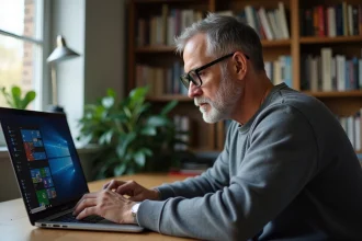 Un homme d'une cinquantaine d'années lit des instructions de migration Windows sur son ordinateur portable dans un bureau à domicile