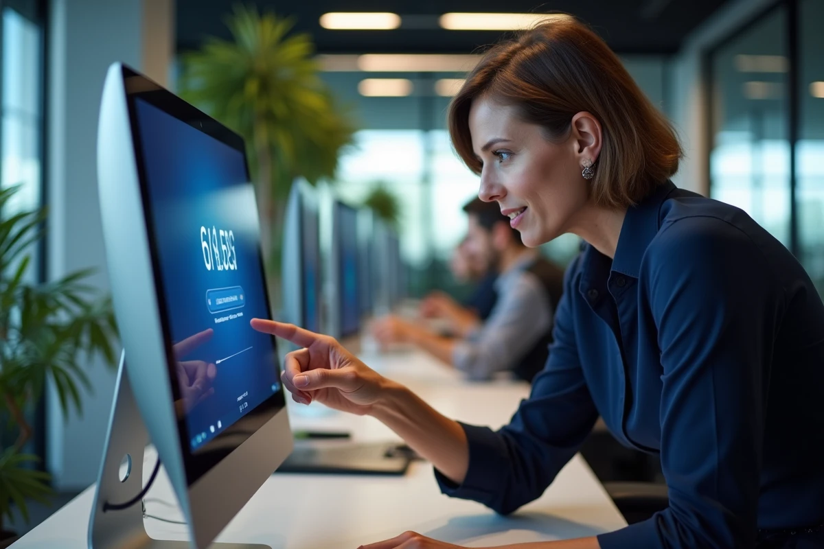Une femme en entreprise supervise la mise à jour vers Windows 10 sur un ordinateur de bureau dans un open space professionnel