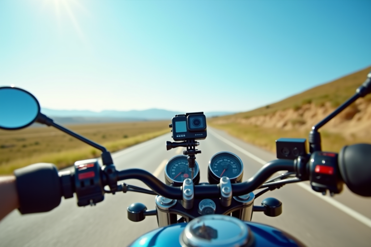 Moto de voyage avec caméra fixée sur le guidon en plein air