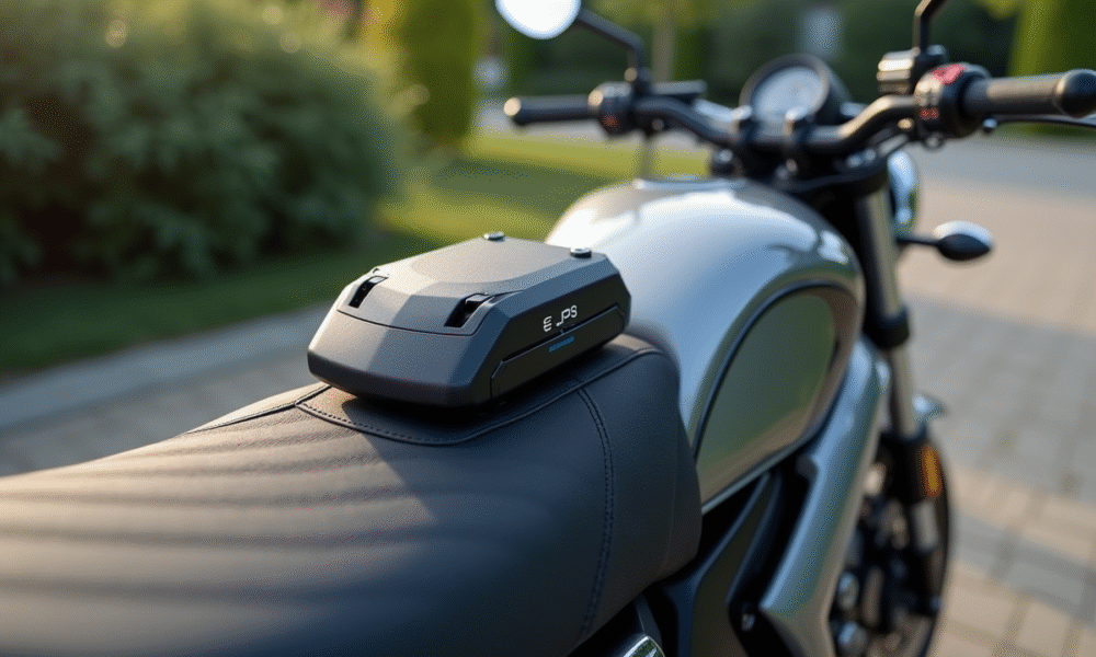 Moto moderne avec GPS discret sous la selle en journée