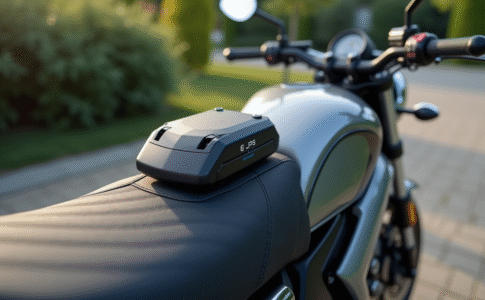 Moto moderne avec GPS discret sous la selle en journée