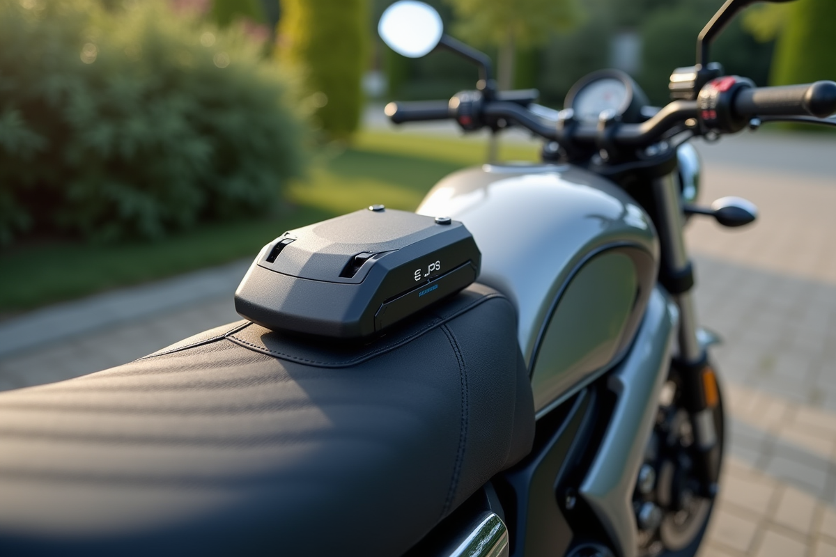 Moto moderne avec GPS discret sous la selle en journée