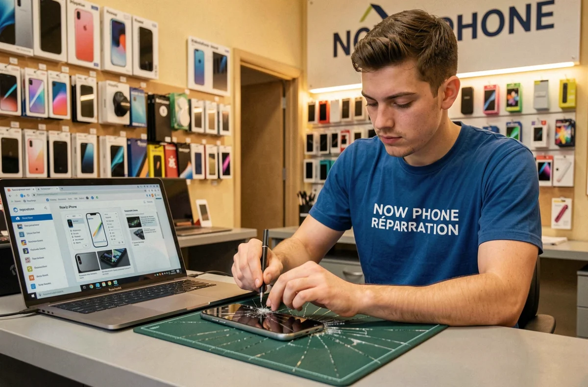 Technicien de Now Phone Réparation remplaçant l'écran d'un smartphone dans sa boutique